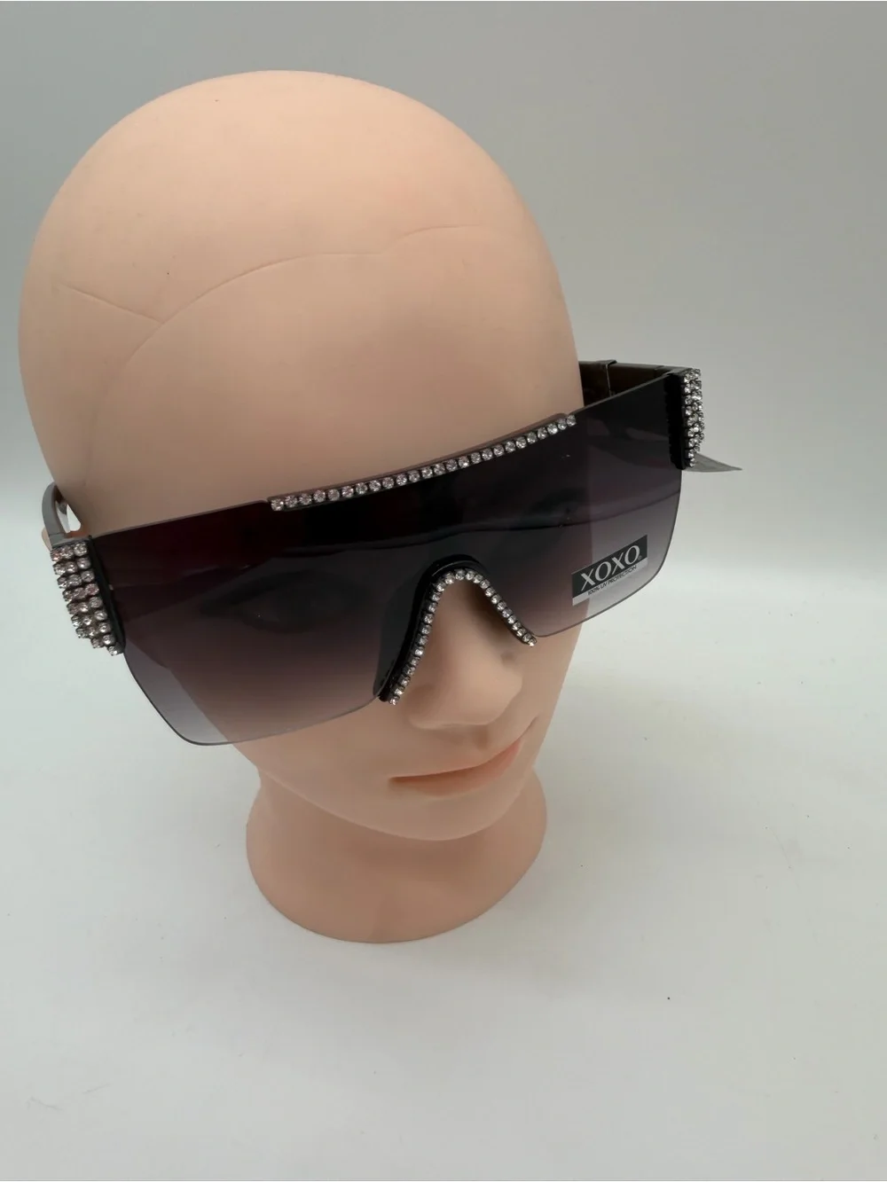 XOXO Oversized Shield Sunglasses with Rhinestone Trim - Black Gradient